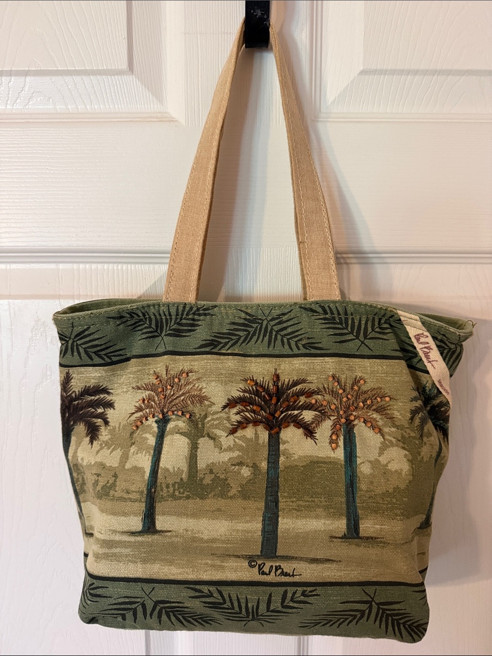 Paul Brent Canvas Palm-Print Tote Bag in Olive Green with Beige Straps